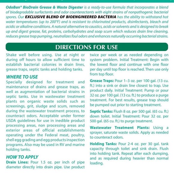 OdoBan BioDrain Grease and Waste Digester Professional Series 1 Quart Bottle - Picture 4 of 5